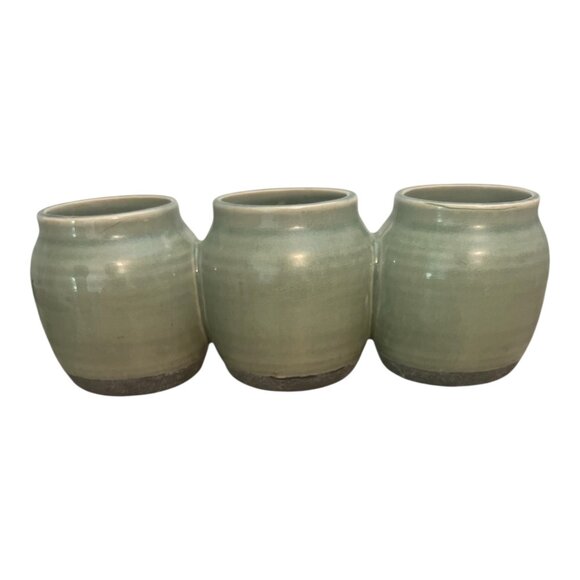 Mud Pie 3 Pot Herb Planter Ceramic 10.5 Inch Long Green - Picture 3 of 7